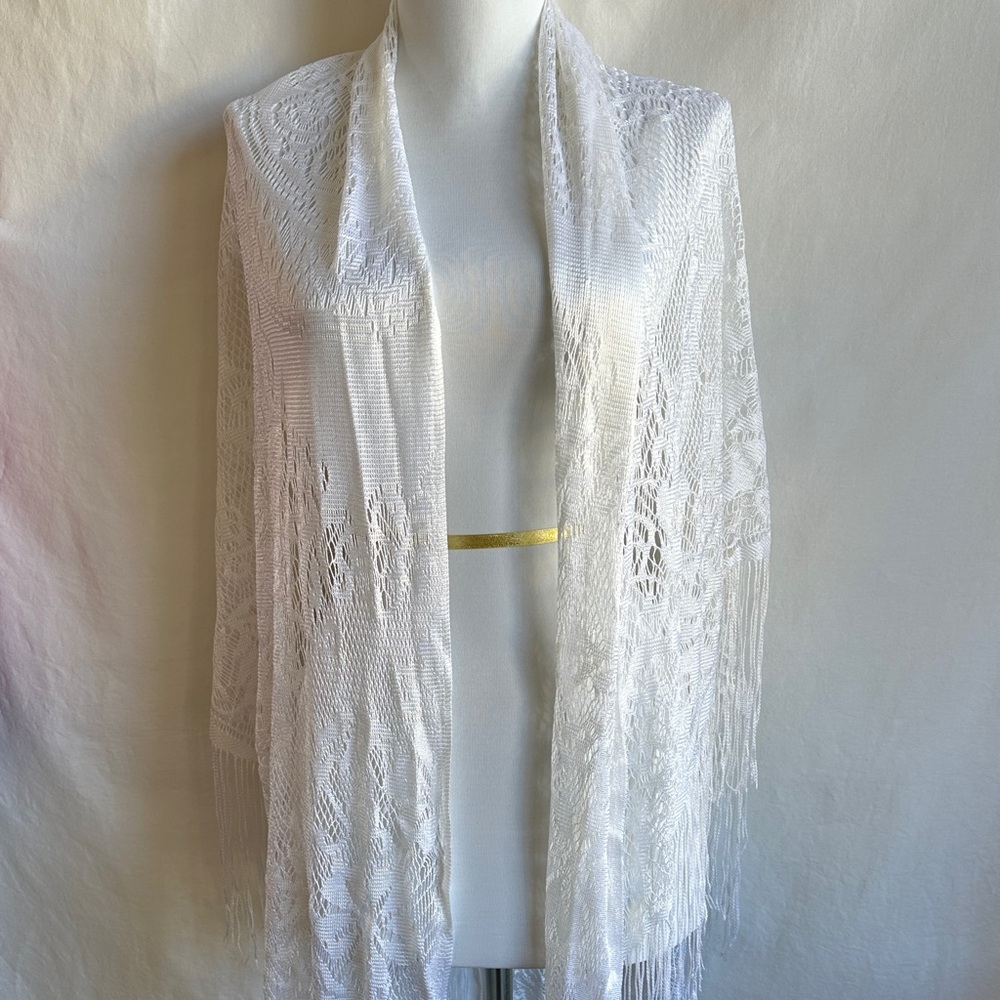 Vintage white lace triangular shawl with fringe, 72” x 60” x 60”